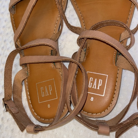 GAP Size 8 Strappy Leather Flat Ankle Wrap Sandals Neutral Tan Nude Snake - Picture 7 of 13